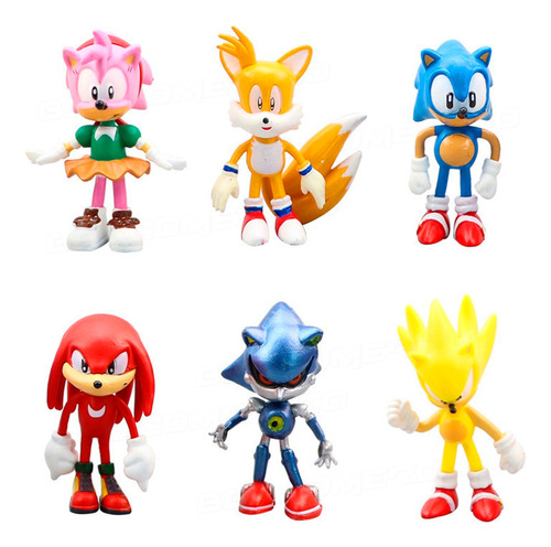 6 Bonecos Sonic Tails Metal Sonic Super Sonic Knuckles Amy