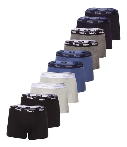 Kit Com 10 Cuecas Masculina Boxer De Algodão Mash Lisas Azul Marinho/ Azul Jeans/ Cinza Mescla Claro/ Cinza Mescla Escuro/ Preto Liso G