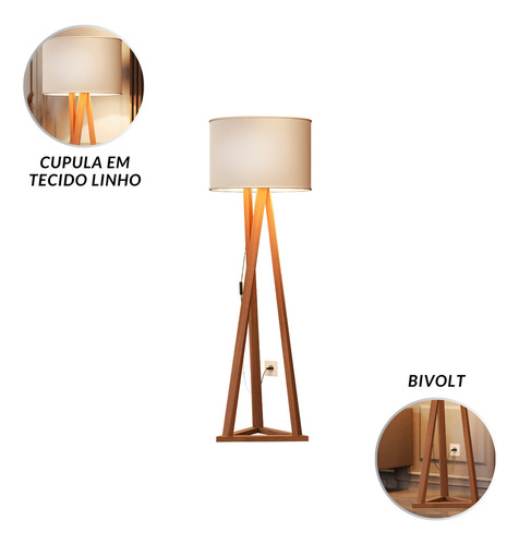 Luminária Tripé Moderna Ibiza Sala Leitura Luxo Com Cupula E Pés Em Madeira Maciça Premium Cor Off White