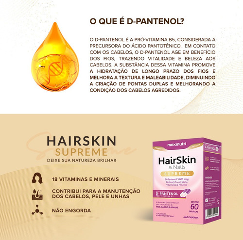 2 Hair Skin & Nails Supreme D-pantenol 5000mcg 60 Cápsulas
