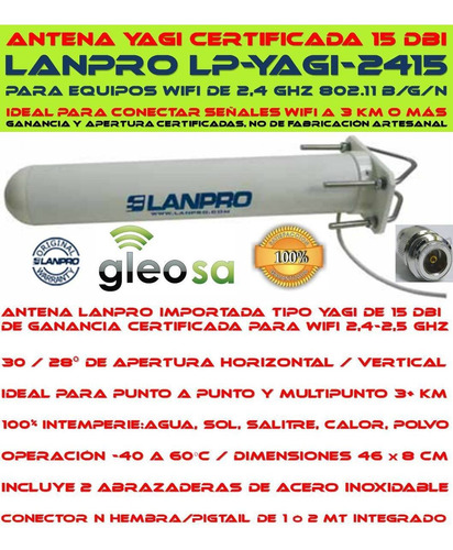 Imagen 4 de 8 de Antena Wifi Largo Alcance 2.4 Ghz Lanpro Lp Yagi2415 15 Dbi