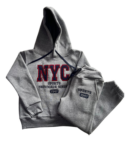 Conjunto Deportivo Iy Pants Cerrado Nyc Algodon Niño Gris Medio Bordado 2