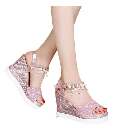 Sandalias Para Dama Summer Fashion Perla Strass Cuña Rosa