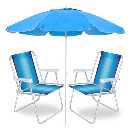 Guarda Sol Azul Bahia 2m Bagum+ 2 Cadeiras De Praia Aluminio