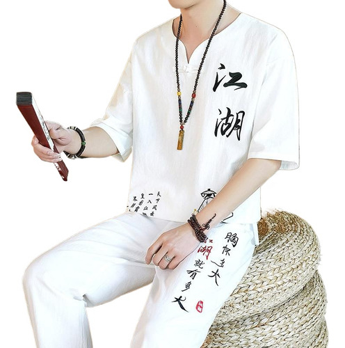 Camiseta Hanfu Para Hombre Linen Tang Suit, Traje De Algodón