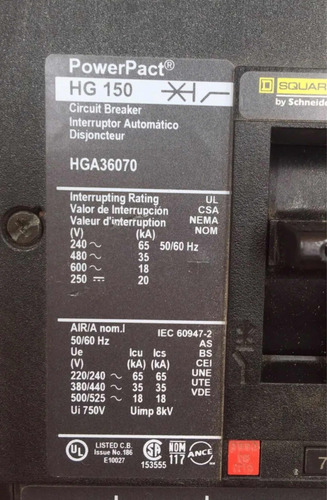Interruptor Termomagnetico Square D Hga36070 3x70amp