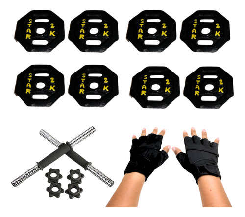 Barra Recta Discos Pesa Guantes+ Manubrio Pvc Set Pack 16kg