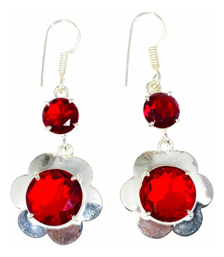 Aros Flor Plata India Granate Rojo Sangre 100% Natural