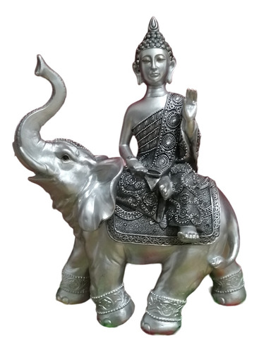 Adorno Figura Decorativa Buda Sobre Elefante Gris Negro 29cm