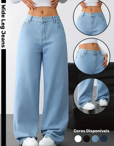 Calça Wide Leg Jeans Feminina Reta Perna Larga Empina Bumbum - R$ 59,9