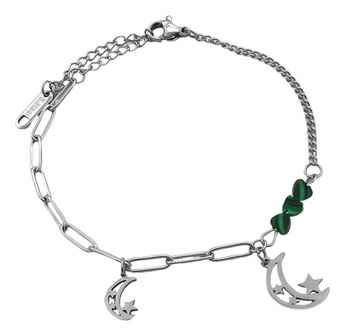 Pulsera Doble Estrella 3 Malaquita Corazones Cadena C:8241