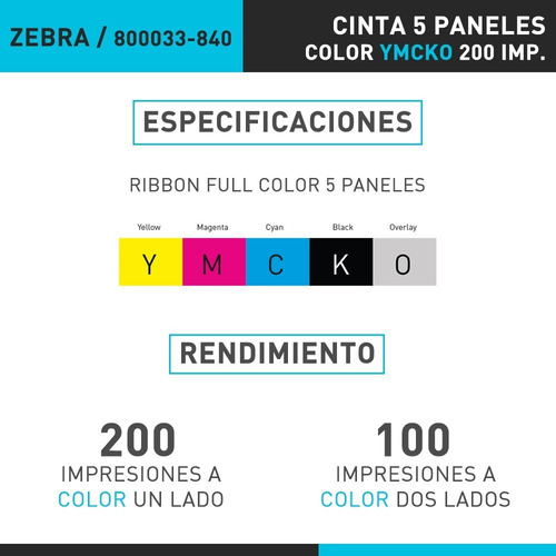 Imagen 2 de 5 de Cinta Zebra Color Ymcko 800033-840 Zxp3 200 Impresiones