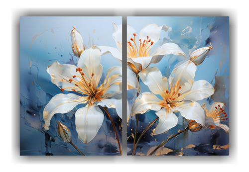 60x40cm Díptico Flores Lirios Dorado Azul Decorativo Flores