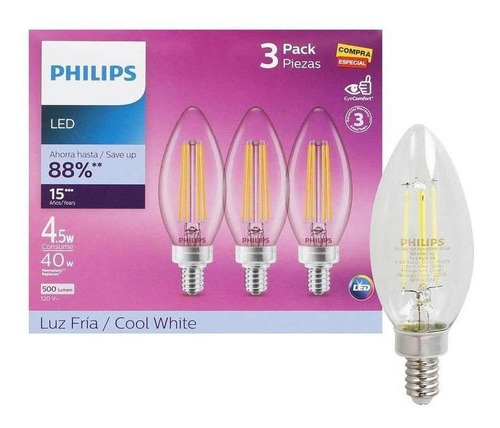 Foco Vela Led Philips Base E12 Luz Blanco Frio (3pz)