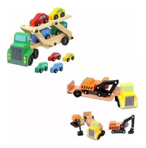 Camión De Madera Niños Autos + Excavadora 9 Piezas Pack X2