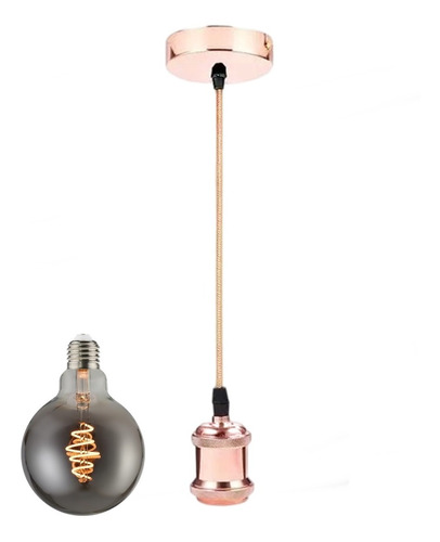 Pendente E27 Cobre Rose E Lâmpada Filamento Led 4w G95 Fumê