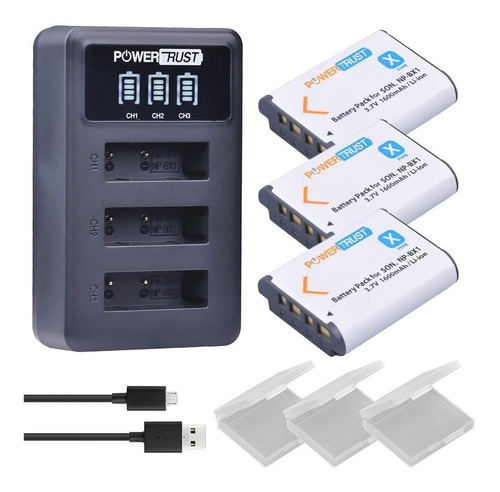 Paquete De 3 Baterias Powertrust Np-bx1 Y Cargador Usb Led 