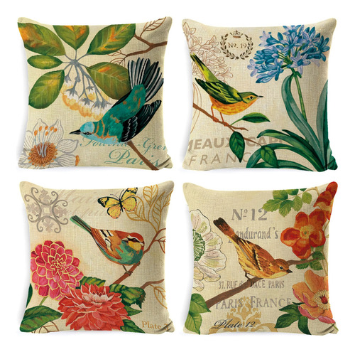 Fundas Cojines Almohada Decorativos Lino Algodón 4pcs 45cm Aves