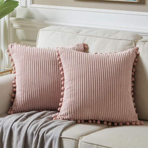 2Pcs Funda de Cojins De Terciopelo De Pana, Con Funda De Almohada De Estilo Bohemio Súper Suave Pom-poms 45x45cm, Color Rosa