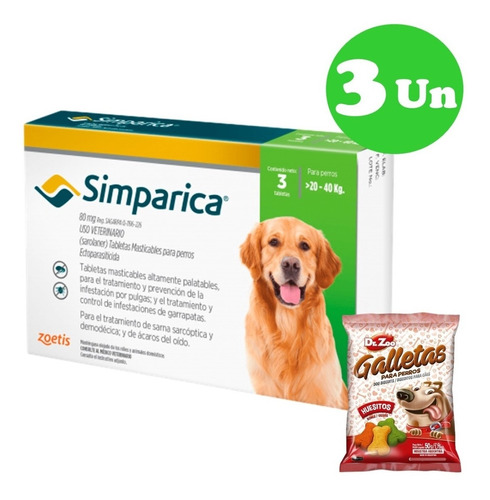 Tableta Antipulgas Y Garrapatas Simparica 20 A 40 Kg X 3comp