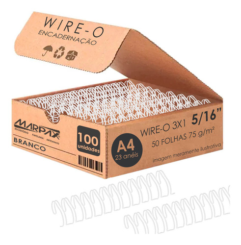 Wire O Garra Duplo Anel 5/16 Para 50fls A4 3x1 Branco 100 Un