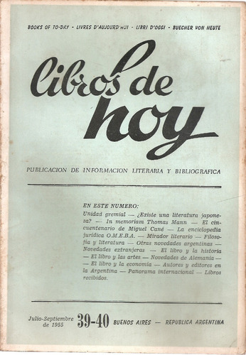 Revista Libros De Hoy Nº 39-40 Julio-septiembre 1955