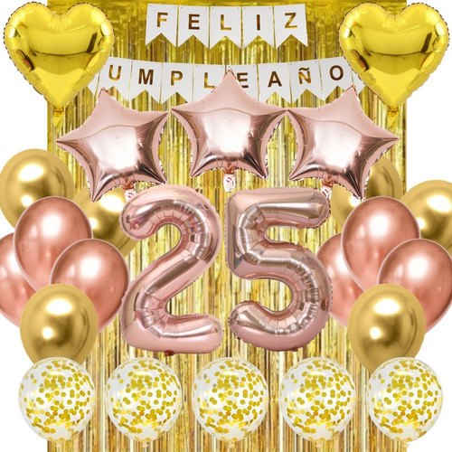 Combo Globos Kit Fiesta Cumple Deco Dorado Rosa Gold