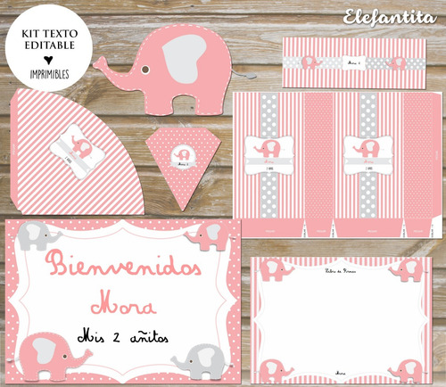 Kit Imprimible Elefante Rosa Viejo Solo Textos Editables!!