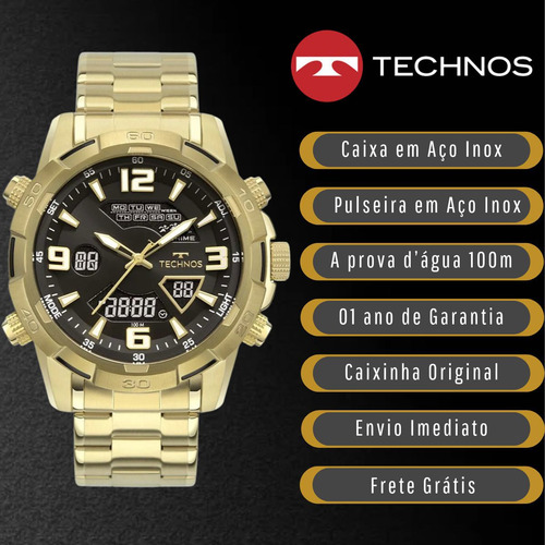 Relógio Technos Masculino Digitech Aço Dourado Original