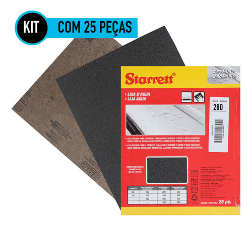 Kit 25 Folha Lixa D'água Grão 280 Pintura Massa Starrett