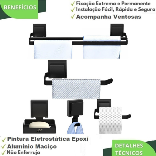 Kit Acessórios Para Banheiro 5pçs Duplo Ventosa Preto Sf.max