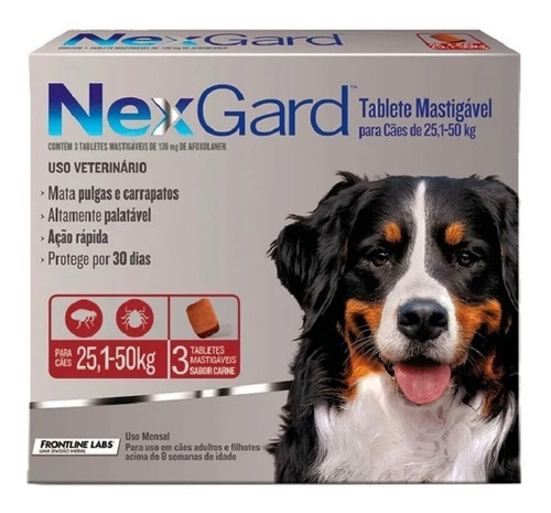 Antipulgas E Carrapatos Nexgard Para Cães De 25,1 A 50kg 3un