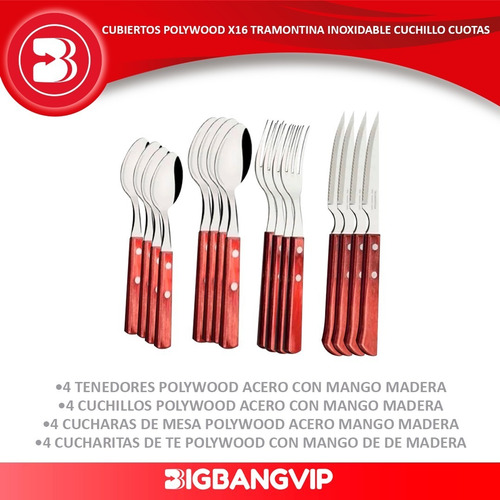Imagen 2 de 6 de Cubiertos Polywood X16 Tramontina Inoxidable Cuchillo