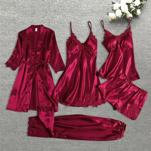 Conjunto De Pijama De Satén Y Encaje Para Mujer, Bata De Sed