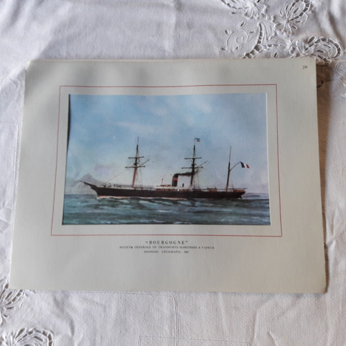 Lamina Bourgogne - Anonimo - Litografia 1869 - Barco A Vapor