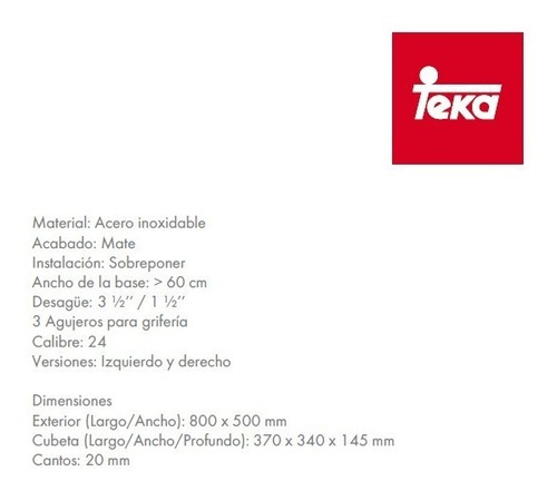 Fregadero Sobreponer Teka 80.50 1c 1e C/20 Acero Inoxidable