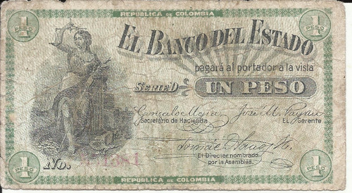 Colombia 1 Peso Banco Del Estado Popayán 1900 (6 Dígitos)