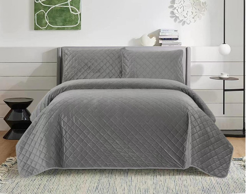 Imagen 6 de 7 de Colcha Microfibra Matrimonial Velvet Gris 2 Fundas Decorativ