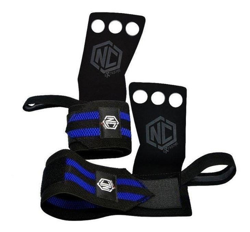 Luva Grip Munhequeira Pull Up Cross Protetor - Nc Extreme Cor Preto/Azul Tamanho G