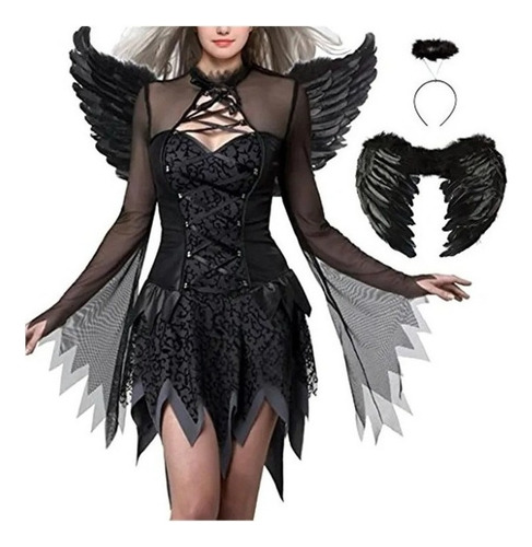 Fantasia De Anjo Preto Alado Para Festa De Halloween