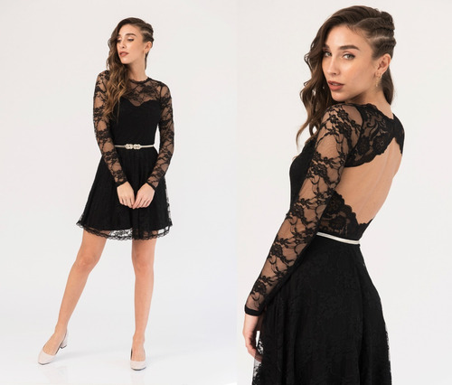 Vestido Corto Fiesta Negro Manga Larga Encaje Sin Espalda | Envío gratis Vestido Corto Fiesta Negro Manga Larga Encaje Sin Espalda | Envío gratis