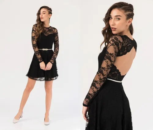 Vestido Corto Fiesta Negro Manga Encaje Sin Espalda