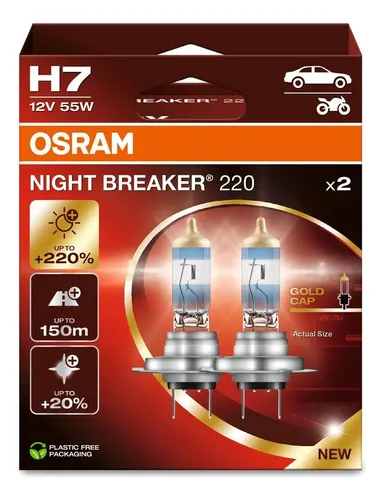 Osram Night Breaker 220 H7 Bulb 12V 55W (2-Pack) – +220% More Light, Halogen, Road Legal