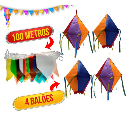 Decoração Festa Junina 100m Bandeirinhas + 4 Balão Tecido