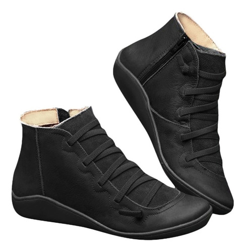 X Botas De Cuero Femenino Plano Retro Con Cordones Laterales