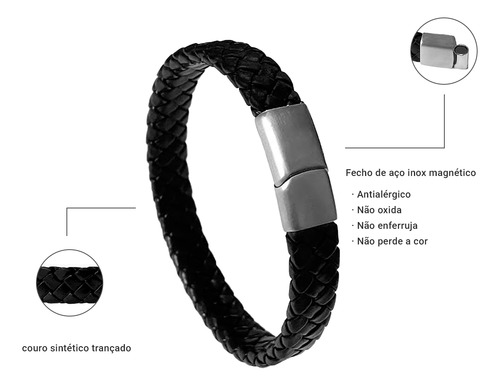 Kit Combo 3 Pulseiras Masculinas Pretas. Couro, Corda Pedras