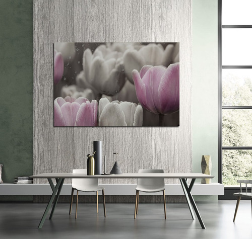 Cuadro 50x75cm Tulipanes Rosa Flores Gris Gotas De Rocio