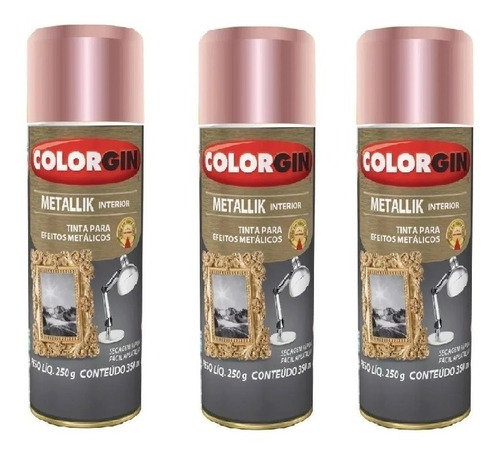 Kit 3 Spray Colorgin Metallik 350ml Rose Gold 56 Int