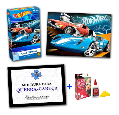 Kit Quebra-cabeça Hotwheels + Moldura + Cola Puzzle Grow