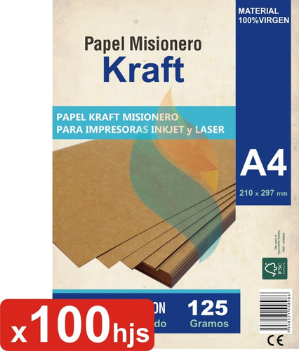 Papel Kraft A4 Misionero 125gr Resma 100 Hojas Madera Marron